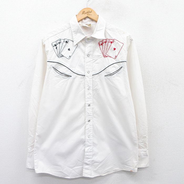L★古着 ケニントン 長袖 ウエスタン シャツ メンズ 80年代 80s トランプ 刺繍 白 ホワイト 【spe】 25may08 中古 トップス