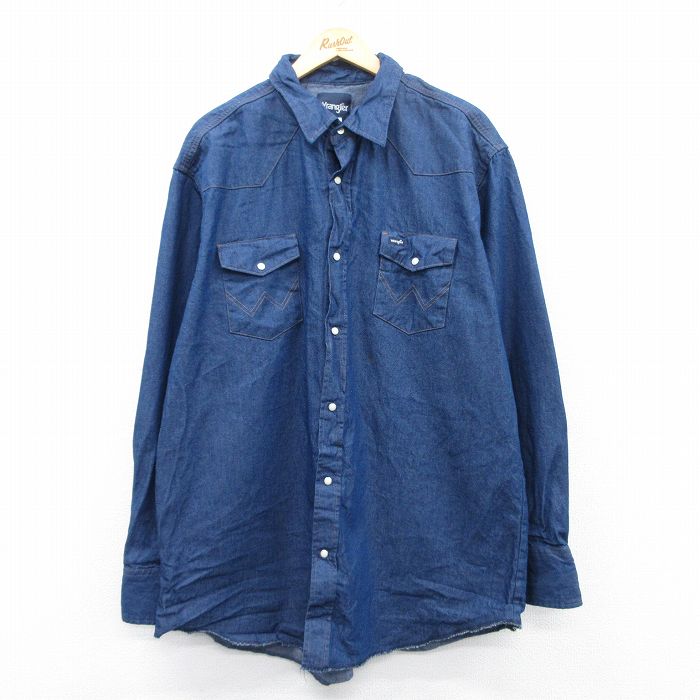 XL★古着 ラングラー Wrangler 長袖 ウエスタン シャツ メンズ 大きいサイズ ロング丈 コットン 紺 ネイビー デニム 【spe】 25may08 中古 トップス