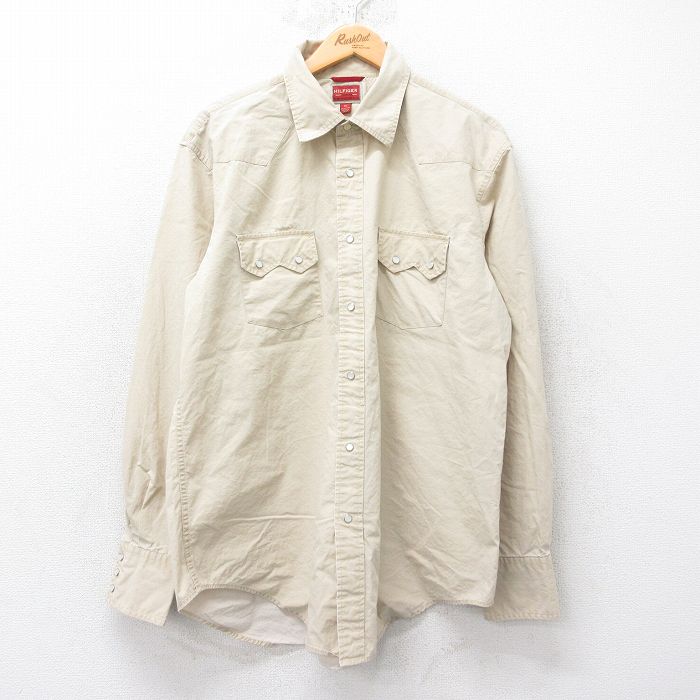 XL★古着 トミーヒルフィガー TOMMY HILFIGER 長袖 ブランド ウエスタン シャツ メンズ コットン 薄ベージュ カーキ 25jun11 中古 トップス