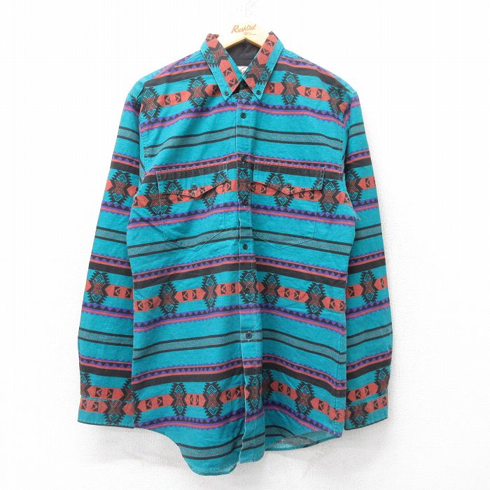 【50%OFF】M★古着 ロッキーマウンテン 長袖 ウエスタン シャツ メンズ 90年代 90s ネイティブ柄 ラグ柄 ロング丈 コットン ボタンダウン USA製 青緑他 25jun11 中古 トップス