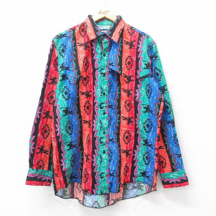 XL★古着 ラングラー Wrangler 長袖 ウエスタン シャツ メンズ 90年代 90s ネイティブ柄 ラグ柄 コットン USA製 赤他 レッド 【spe】 25jun11 中古 トップス