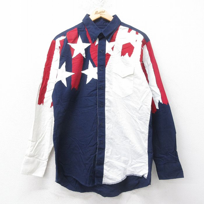 L★古着 ラングラー Wrangler 長袖 ウエスタン シャツ メンズ 90年代 90s 星条旗 コットン ボタンダウン USA製 紺他 ネイビー 【spe】 25jun11 中古 トップス