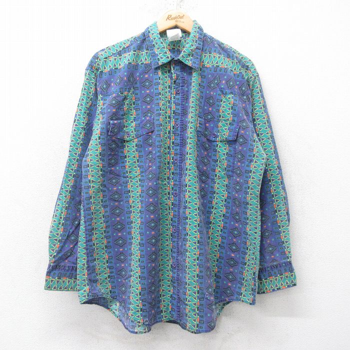 XL★古着 キー KEY 長袖 ウエスタン シャツ メンズ 00年代 00s ネイティブ柄 ラグ柄 紺他 ネイビー 25jun11 中古 トップス