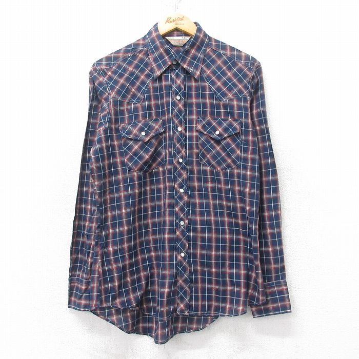 【50%OFF】M★古着 シアーズ 長袖 ウエスタン シャツ メンズ 80年代 80s 紺他 ネイビー チェック 25jun11 中古 トップス