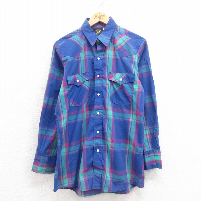 【50%OFF】L★古着 長袖 ウエスタン シャツ メンズ 00年代 00s 青他 ブルー チェック 25aug19 中古 トップス