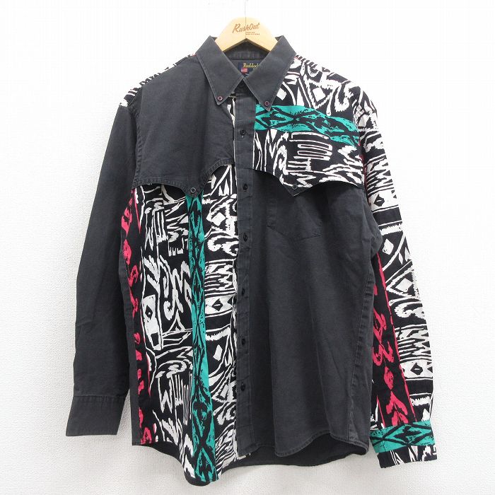 XL★古着 長袖 ウエスタン シャツ メンズ 90年代 90s マルチカラー ボタンダウン USA製 黒他 ブラック 25aug19 中古 トップス
