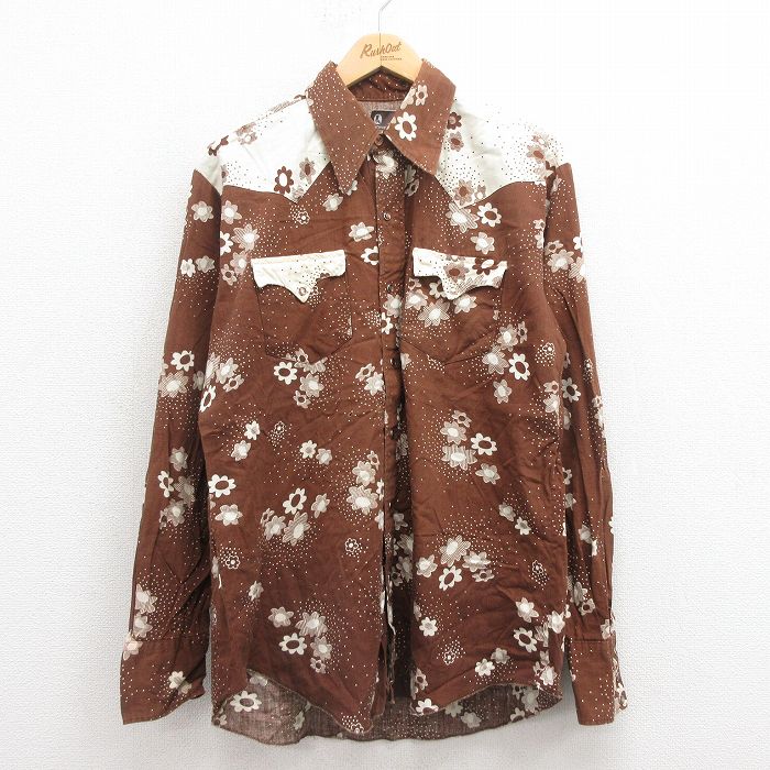 L★古着 JCペニー 長袖 ウエスタン シャツ メンズ 70年代 70s 花 茶他 ブラウン 25aug19 中古 トップス