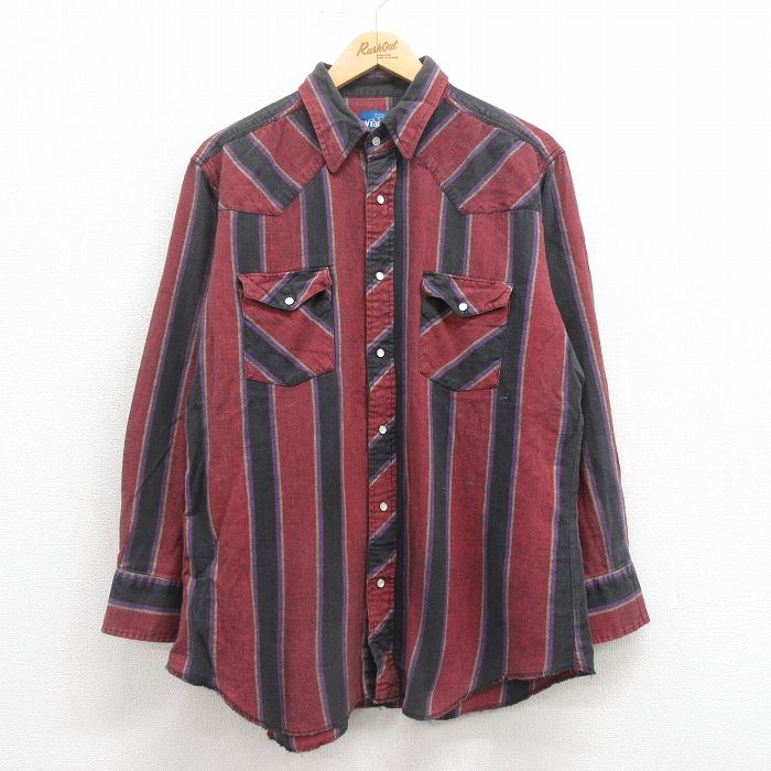 XL★古着 ラングラー Wrangler 長袖 ウエスタン シャツ メンズ コットン エンジ他 ストライプ 25aug19 中古 トップス