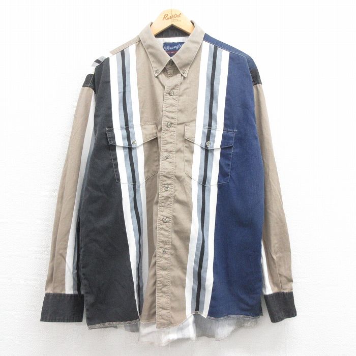 XL★古着 ラングラー Wrangler 長袖 ウエスタン シャツ メンズ 90年代 90s コットン ボタンダウン 紺他 ネイビー 25aug30 中古 トップス