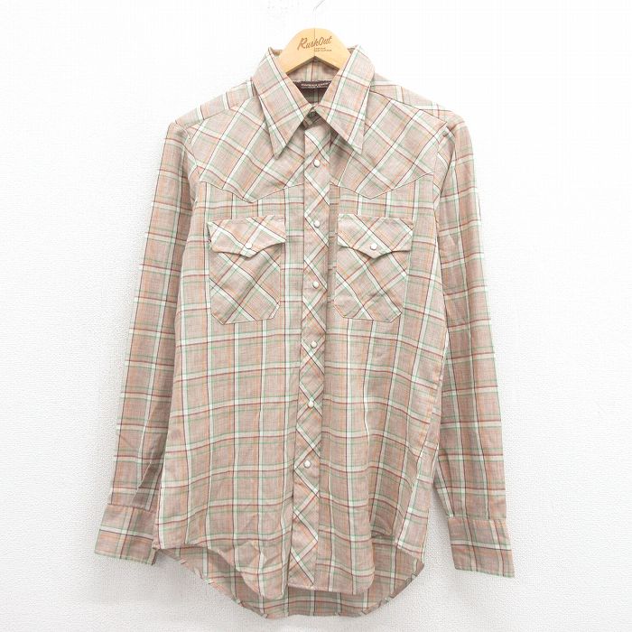 M★古着 長袖 ウエスタン シャツ メンズ 80年代 80s USA製 薄ベージュ他 カーキ チェック 25aug30 中古 トップス