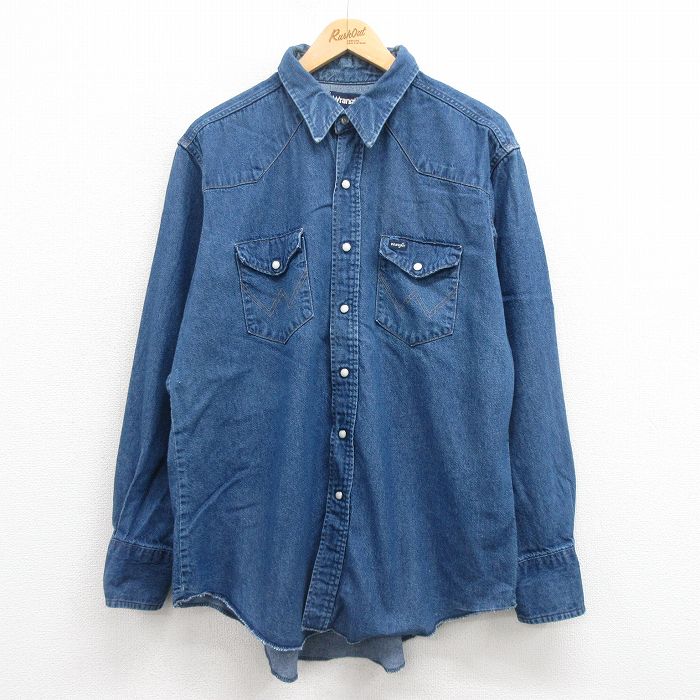 XL★古着 ラングラー Wrangler 長袖 ウエスタン シャツ メンズ 90年代 90s 紺 ネイビー デニム 25aug30 中古 トップス