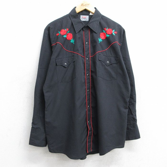 XL★古着 ELY 長袖 ウエスタン シャツ メンズ 00年代 00s バラ フランケンシュタイン 黒 ブラック 25aug30 中古 トップス
