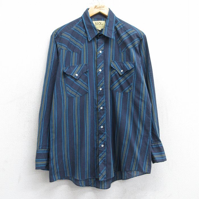 L★古着 ELY 長袖 ウエスタン シャツ メンズ 80年代 80s 紺他 ネイビー ストライプ 25aug30 中古 トップス