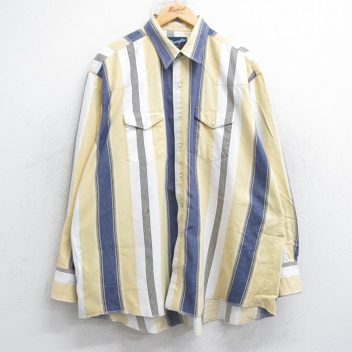 XL★古着 ラングラー Wrangler 長袖 ウエスタン シャツ メンズ 90年代 90s 大きいサイズ 黄他 イエロー ストライプ 25aug30 中古 トップス
