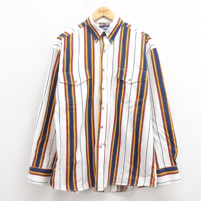 XL★古着 ラングラー Wrangler 長袖 ウエスタン シャツ メンズ 90年代 90s ボタンダウン 紺他 ネイビー ストライプ 25sep17 中古 トップス