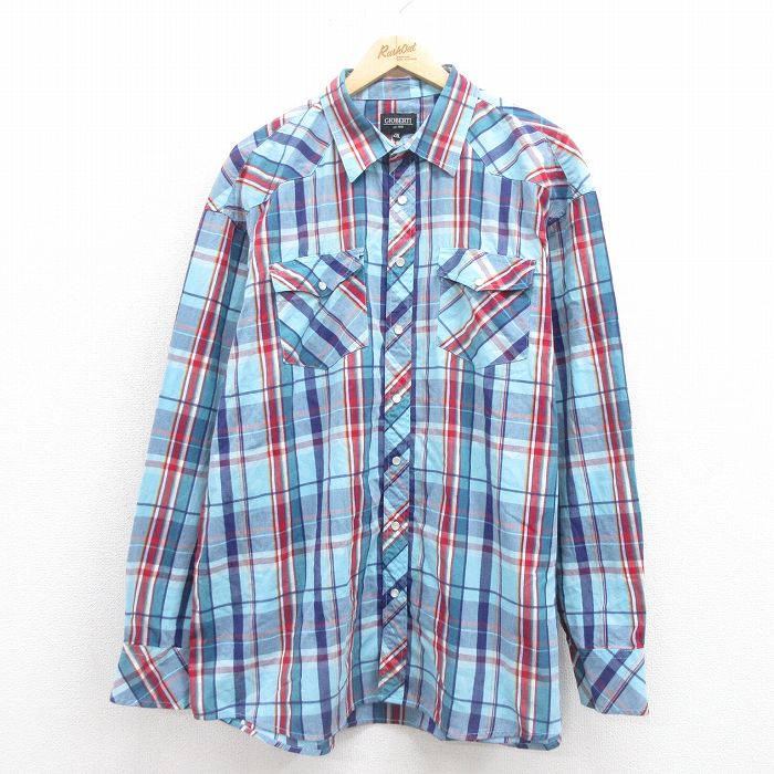 XL★古着 長袖 ウエスタン シャツ メンズ 大きいサイズ ロング丈 水色他 チェック 25sep17 中古 トップス