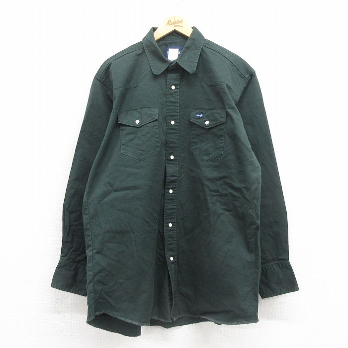 XL★古着 ラングラー Wrangler 長袖 ウエスタン シャツ メンズ 大きいサイズ ロング丈 コットン 緑 グリーン 【spe】 25sep17 中古 トップス