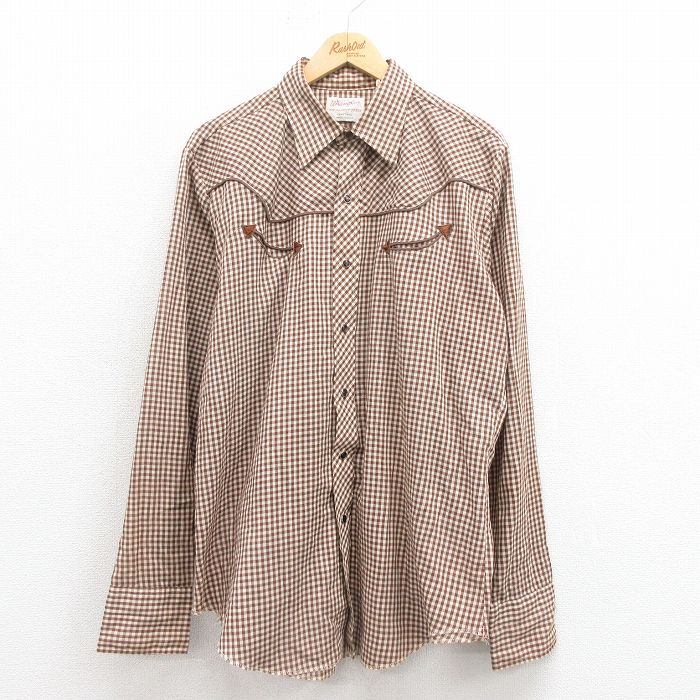 L★古着 ラングラー Wrangler 長袖 ウエスタン シャツ メンズ 80年代 80s ロング丈 USA製 焦げ茶 ブラウン チェック 25sep17 中古 トップス