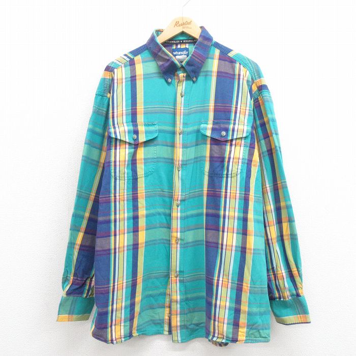 【20%OFF】XL★古着 ラングラー Wrangler 長袖 ウエスタン シャツ メンズ 大きいサイズ ロング丈 ボタンダウン 青緑他 チェック 25sep17 中古 トップス