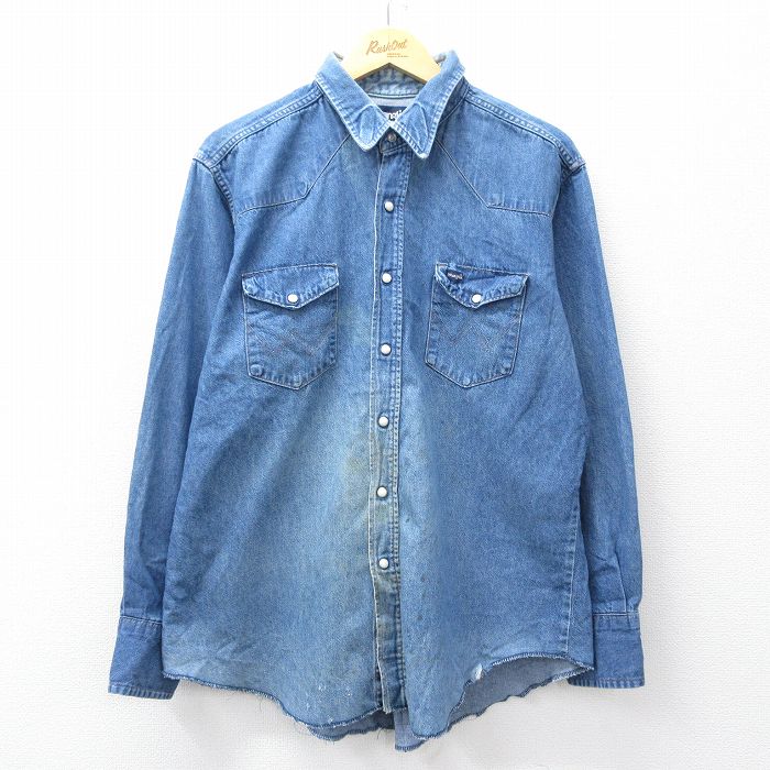 XL★古着 ラングラー Wrangler 長袖 ウエスタン シャツ メンズ 90年代 90s コットン USA製 紺 ネイビー デニム 【spe】 25sep18 中古 トップス