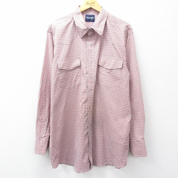 XL★古着 ラングラー Wrangler 長袖 ウエスタン シャツ メンズ 大きいサイズ ロング丈 エンジ系他 チェック 25sep18 中古 トップス