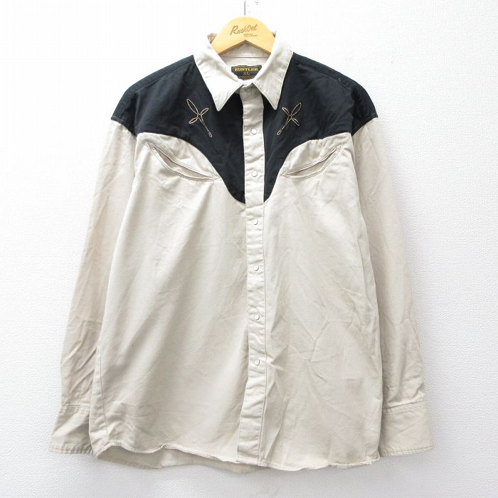 XL★古着 ラスラー 長袖 ウエスタン シャツ メンズ ツートンカラー ベージュ他 カーキ 25sep18 中古 トップス