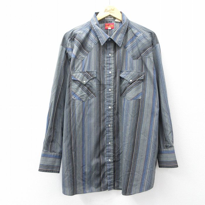 【20%OFF】XL★古着 ELY 長袖 ウエスタン シャツ メンズ 大きいサイズ ロング丈 グレー他 ストライプ 25sep18 中古 トップス