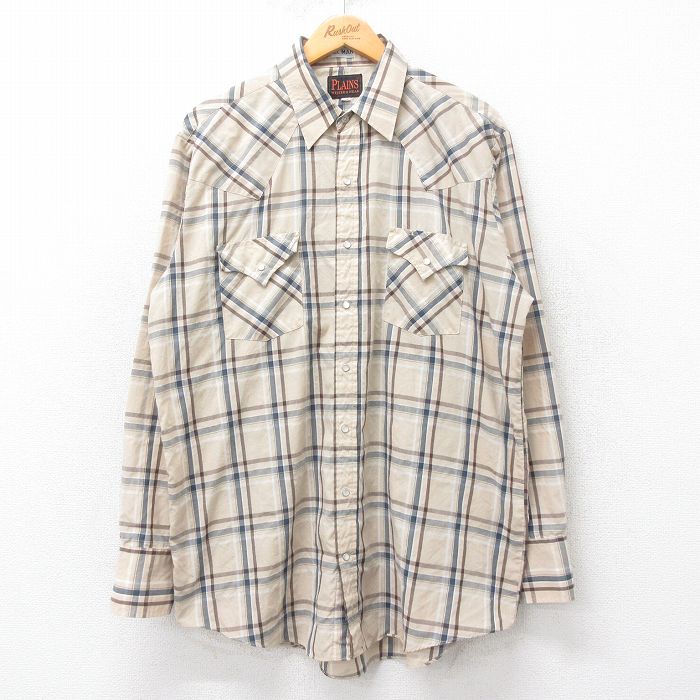 XL★古着 長袖 ウエスタン シャツ メンズ ロング丈 ベージュ他 カーキ チェック 25oct14 中古 トップス