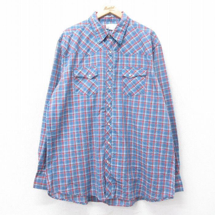 XL★古着 ラングラー Wrangler 長袖 ウエスタン シャツ メンズ 大きいサイズ ロング丈 薄紺他 ネイビー チェック 25oct14 中古 トップス