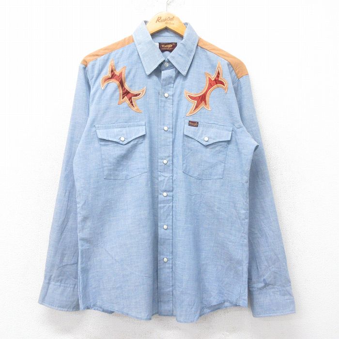 L★古着 ラングラー Wrangler 長袖 シャンブレー ウエスタン シャツ メンズ 80年代 80s USA製 薄紺他 ネイビー 25oct14 中古 トップス