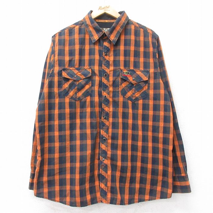 XL★古着 長袖 ウエスタン シャツ メンズ モッシーオーク 大きいサイズ オレンジ他 チェック 25oct14 中古 トップス