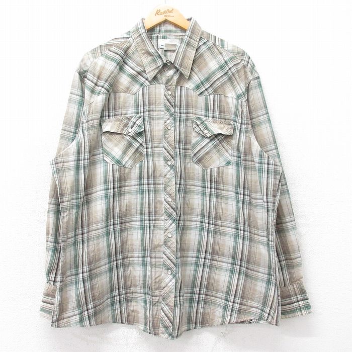 XL★古着 ラングラー Wrangler 長袖 ウエスタン シャツ メンズ 大きいサイズ ロング丈 緑他 グリーン チェック 25oct14 中古 トップス