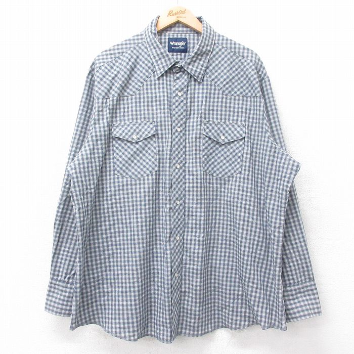XL★古着 ラングラー Wrangler 長袖 ウエスタン シャツ メンズ 大きいサイズ ロング丈 薄紺他 ネイビー チェック 25oct14 中古 トップス