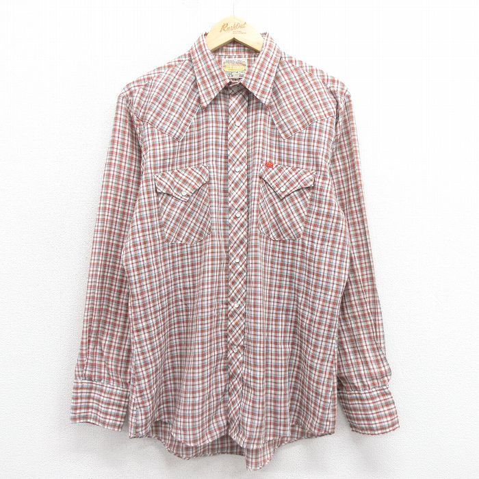 L★古着 ELY 長袖 ウエスタン シャツ メンズ 80年代 80s エンジ チェック 25oct29 中古 トップス