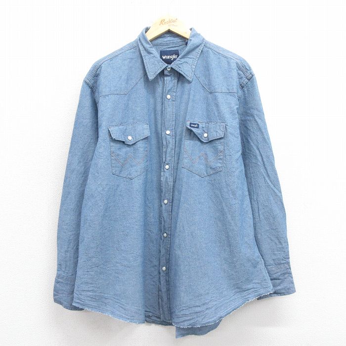 XL★古着 ラングラー Wrangler 長袖 ウエスタン シャツ メンズ 大きいサイズ コットン 薄紺 ネイビー 25oct29 中古 トップス