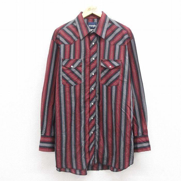 XL★古着 ラングラー Wrangler 長袖 ウエスタン シャツ メンズ 大きいサイズ ロング丈 エンジ ストライプ 25oct29 中古 トップス
