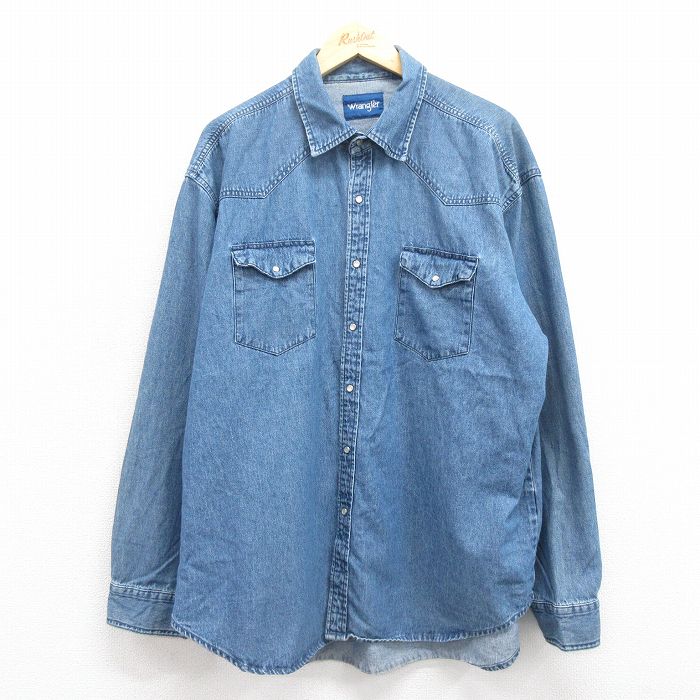 XL★古着 ラングラー Wrangler 長袖 ウエスタン シャツ メンズ 大きいサイズ コットン 紺 ネイビー デニム 25oct29 中古 トップス