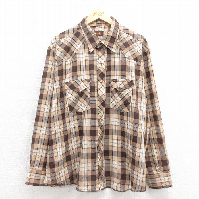 XL★古着 ラングラー Wrangler 長袖 ウエスタン シャツ メンズ 80年代 80s 大きいサイズ USA製 こげ茶 ブラウン チェック 25oct30 中古 トップス
