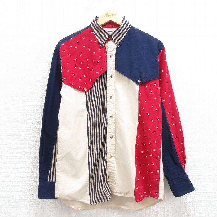 M★古着 長袖 ウエスタン シャツ メンズ 90年代 90s マルチカラー コットン ボタンダウン USA製 紺他 ネイビー 25oct30 中古 トップス