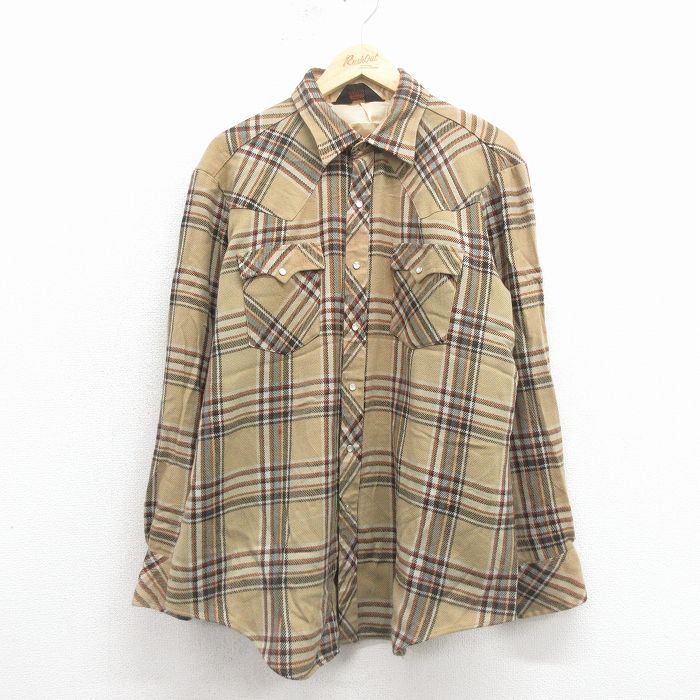 XL★古着 長袖 ウエスタン シャツ メンズ 80年代 80s ベージュ他 チェック 26jan23