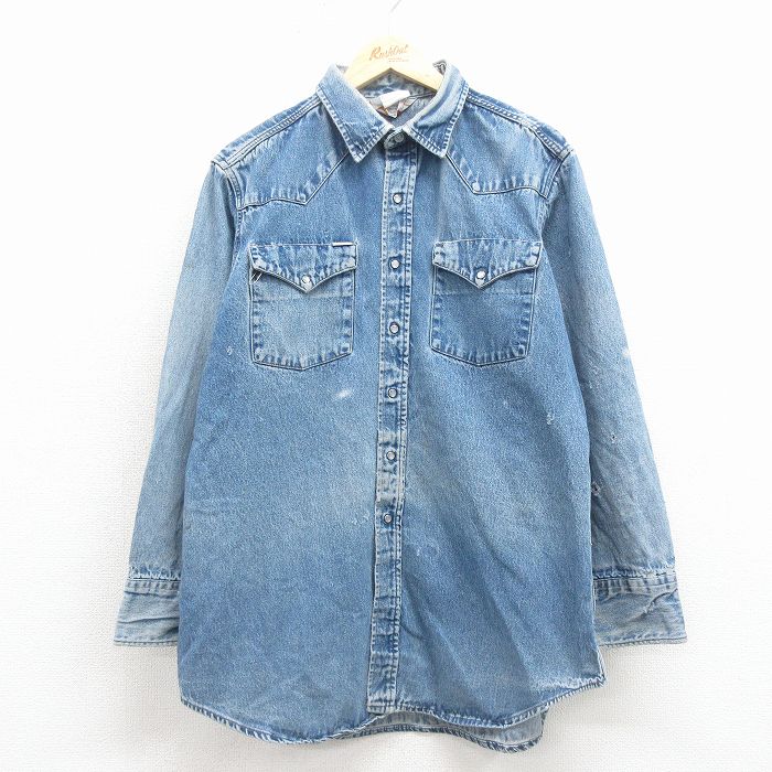 XL★古着 カーハート 長袖 ウエスタン シャツ メンズ 90年代 90s ロング丈 紺 デニム【spe】 26jan23