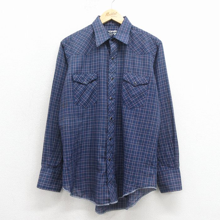L★古着 ラングラー 長袖 ウエスタン シャツ メンズ 90年代 90s USA製 紺 チェック 26jan23