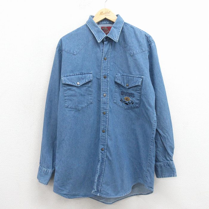 L★古着 長袖 ウエスタン シャツ メンズ 90年代 90s NFL ダラスカウボーイズ ロング丈 コットン USA製 紺 デニム アメフト スーパーボウル 26jan24