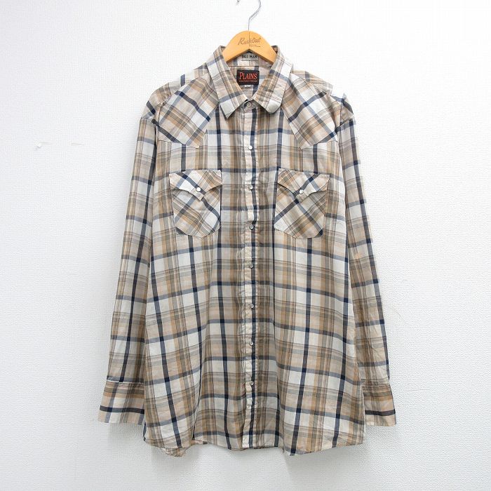 XL★古着 長袖 ウエスタン シャツ メンズ 大きいサイズ ロング丈 ベージュ他 チェック 26feb25