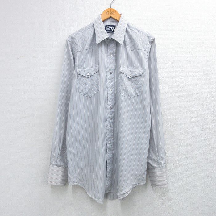 XL★古着 ラングラー 長袖 ウエスタン シャツ メンズ 80年代 80s ロング丈 USA製 薄紺他 ストライプ 26feb25