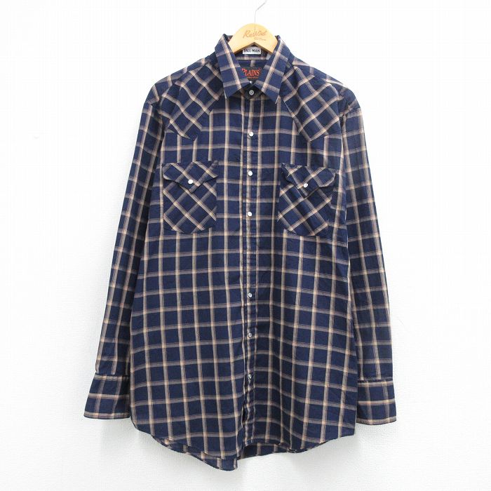XL★古着 長袖 ウエスタン シャツ メンズ 紺他 チェック 26feb25