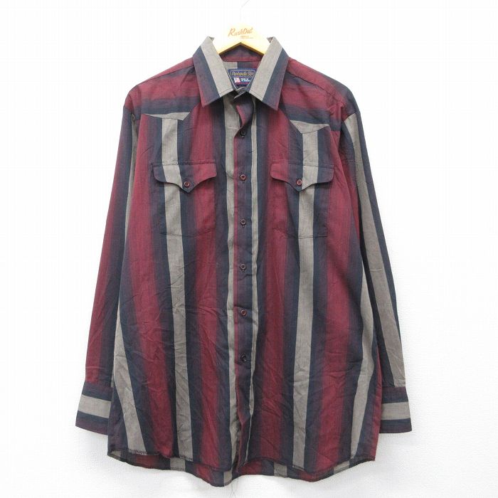 XL★古着 長袖 ウエスタン シャツ メンズ 90年代 90s ロング丈 USA製 エンジ他 ストライプ 26apr01