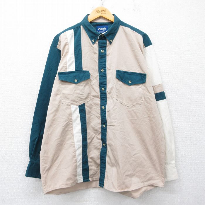 XL★古着 ラングラー 長袖 ウエスタン シャツ メンズ 大きいサイズ コットン ボタンダウン ベージュ他 26apr01