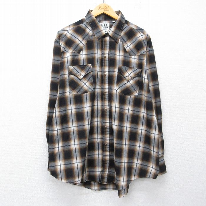 XL★古着 ELY 長袖 ウエスタン シャツ メンズ 大きいサイズ 茶他 オンブレ チェック 26apr01