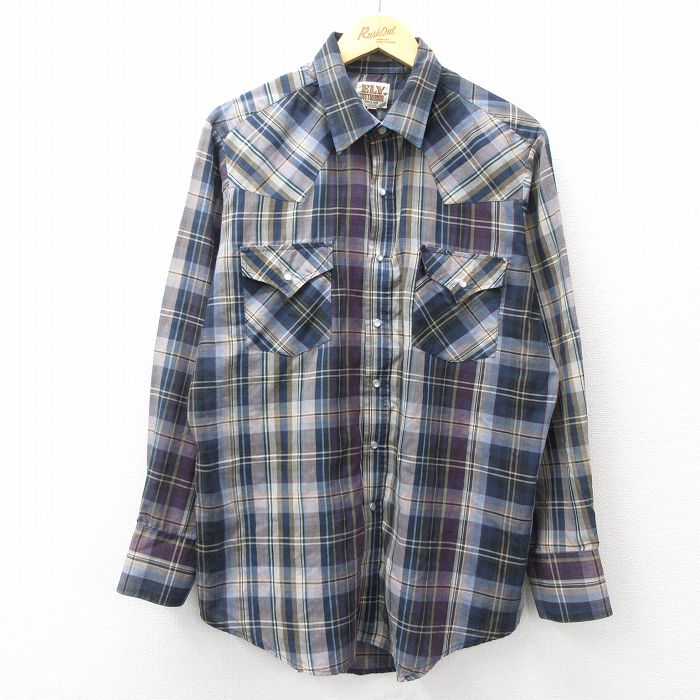 XL★古着 ELY 長袖 ウエスタン シャツ メンズ 90年代 90s 紺他 チェック 26apr06